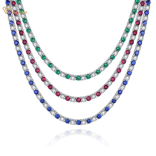 Wong Rain 925 Sterling Silver Round Cut 3 MM Sapphire Emerald Ruby High Carbon Diamond Gems Tennis Chain Necklace Fine Jewelry