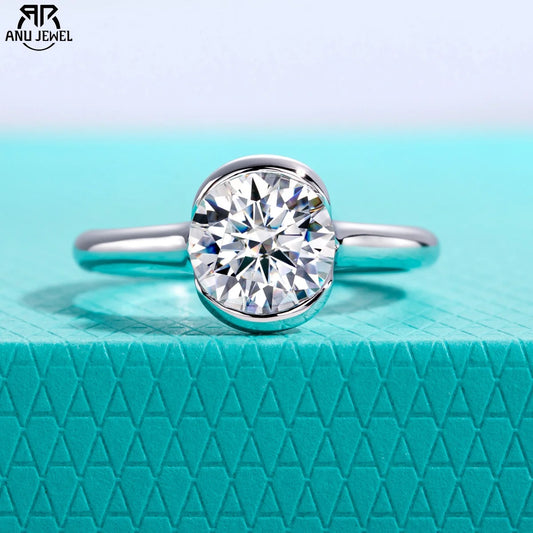 AnuJewel 2ct D Color Moissanite Engagement Ring 925 Sterling Silver Half Bezel Setting Solitaire Promise Rings for Women Gifts