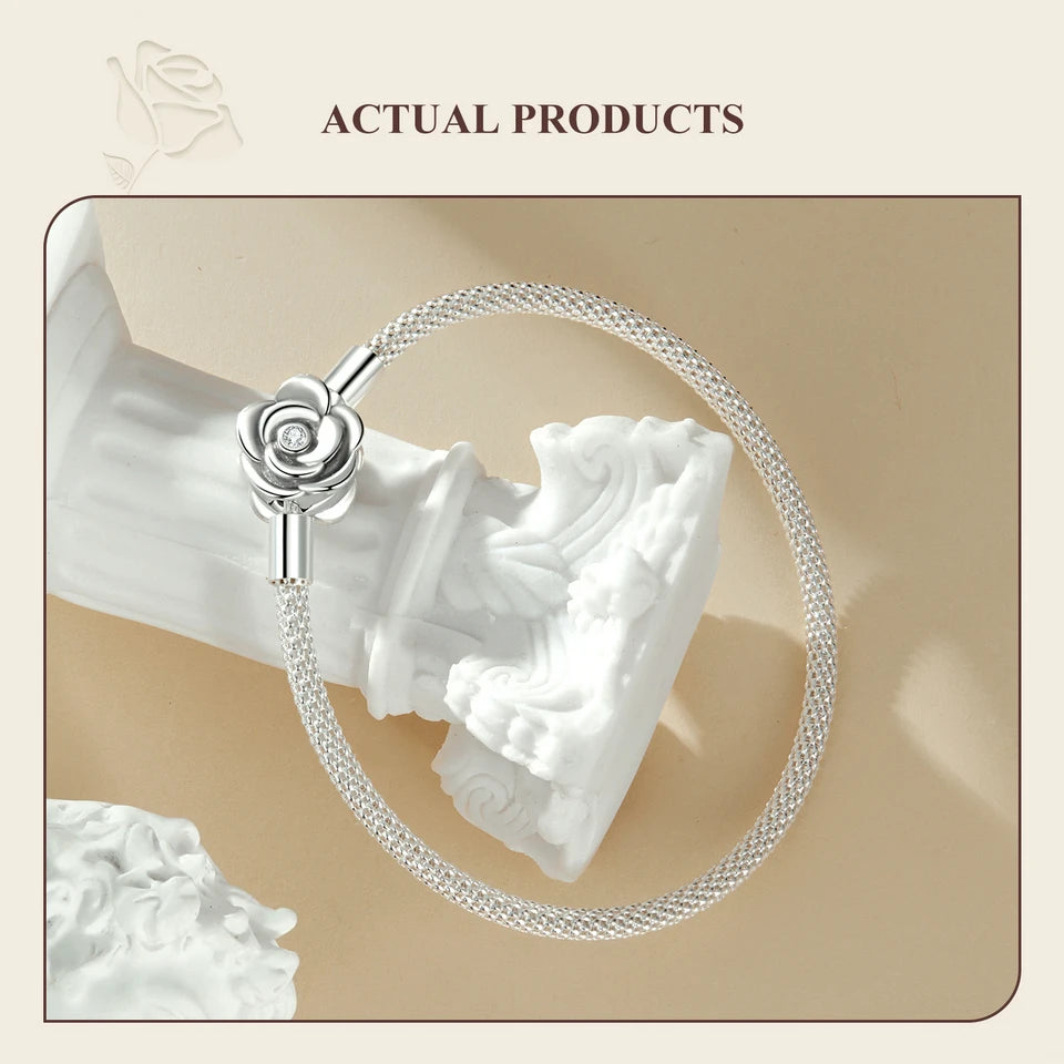 WOSTU 925 Sterling Silver Vintage Rose Flower Love Heart Bangle Bracelet Fit DIY Bracelets Women Valentine Mother's Day Gift