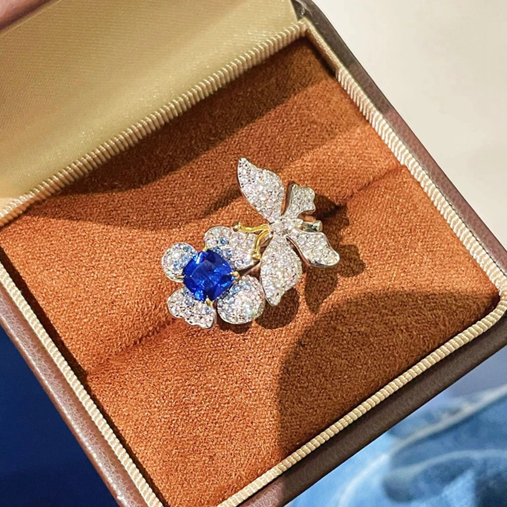 Wong Rain Luxury 925 Sterling Silver Sapphire High Carbon Diamond Gemstone Flower Ring for Women Fine Jewelry Anniversary Gifts