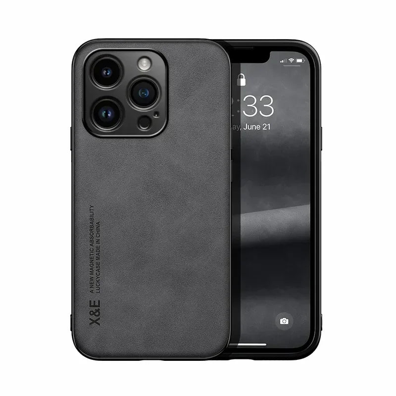 Luxury Leather Case For iPhone 16 16e 15 14 13 12 11 Pro Max Plus 12 13 Mini X XS SE 8 7 Cover With Metal Plate Support Car Hold