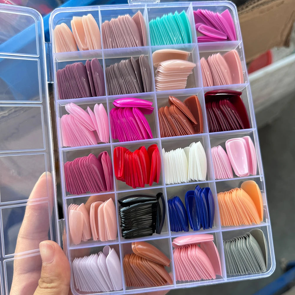576pcs/box Colorful Long Coffin Fake Nails Glossy Soft Gel French Nail Tips Simple Press On Nail 24Grid Huge Capacity False Nail