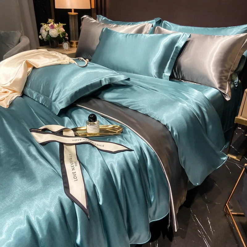 Real 100% Mulberry Silk Bedding Set with Duvet Cover Fitted/Flat Bed Sheet Pillowcase Solid Color 4pcs King Queen Twin Bed Sets
