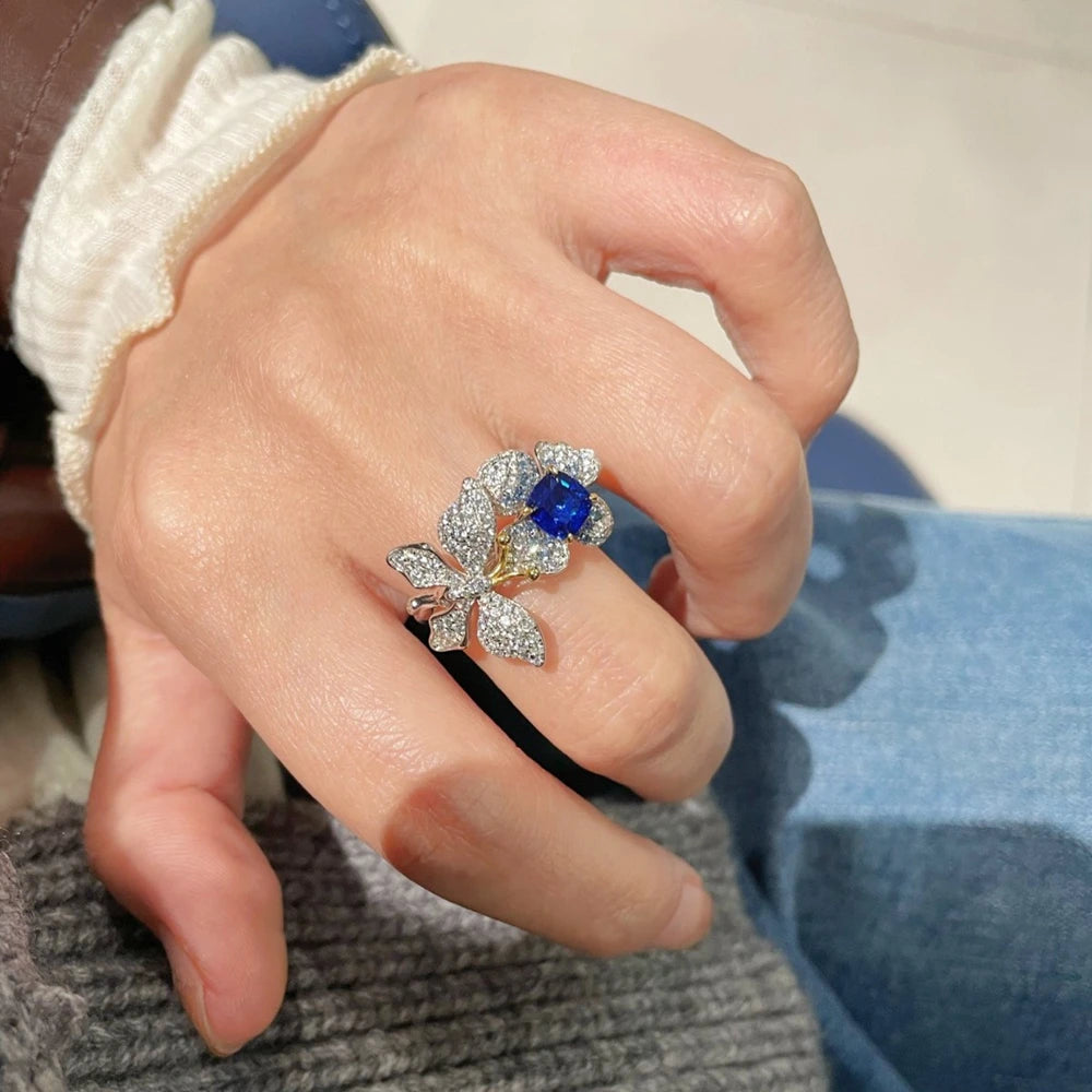 Wong Rain Luxury 925 Sterling Silver Sapphire High Carbon Diamond Gemstone Flower Ring for Women Fine Jewelry Anniversary Gifts