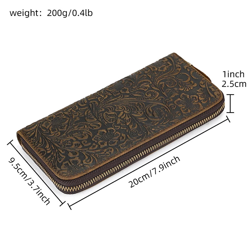 Men's crazy horse Leather long wallet Zip around genuine leather wallet Phone case purse with coin pocket 4 interlayer pocket