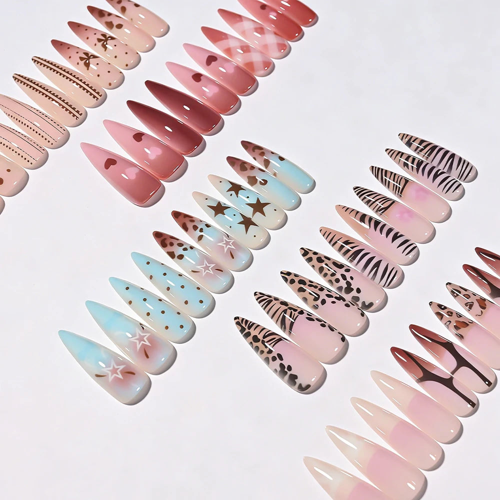 120Pcs Y2k Star Leopard Print Long Stilettos False Nails 5-Styles Pink/Blue Glossy Acrylic Press on nails Full Cover Fake Nails_