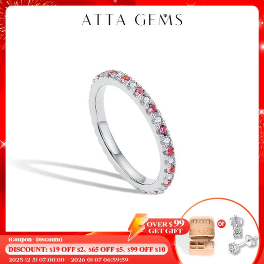 ATTAGEMS 2023 Round Moissanite Ring Real S925 Silver Stackable Rings for Women Pink and Blue Saphire Wedding Band Fine Jewelry