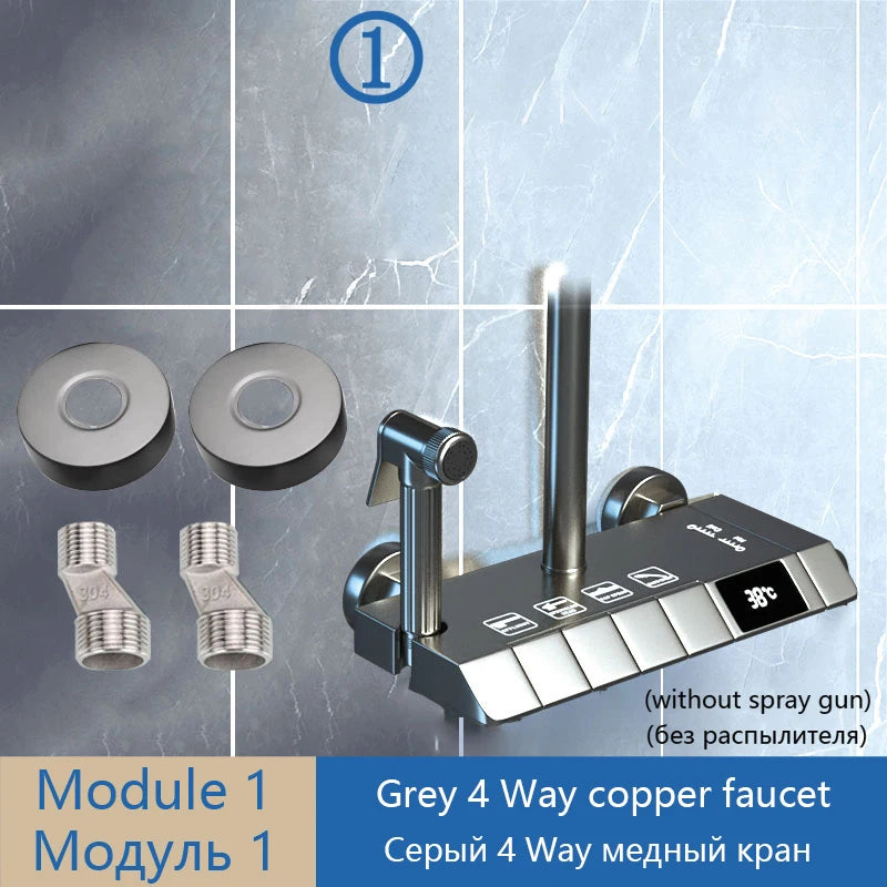 DIY Shower Set Bathroom Shower System Wall Mounted Bathtub Shower Faucet Gray Black Golden White Digital LED Temperature Shower