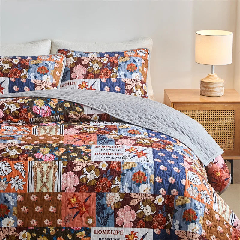 New Quilted Bedspread Set,Soft Microfiber,Thick Bed Cover+Pillowcase,European Flower Patchwork Mattress Topper Bed Sheets King