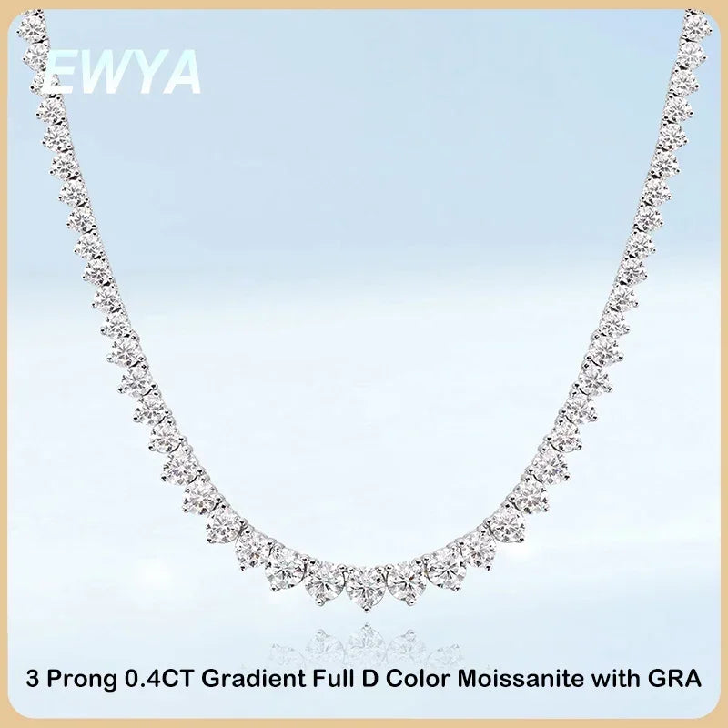 EWYA 3 Claw 0.4CT 4.5mm Gradient Full D Color Moissanite Diamond Tennis Necklace for Women 925 Silver GRA Certified Neck Chain