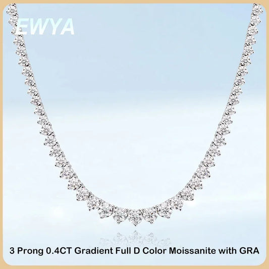 EWYA 3 Claw 0.4CT 4.5mm Gradient Full D Color Moissanite Diamond Tennis Necklace for Women 925 Silver GRA Certified Neck Chain