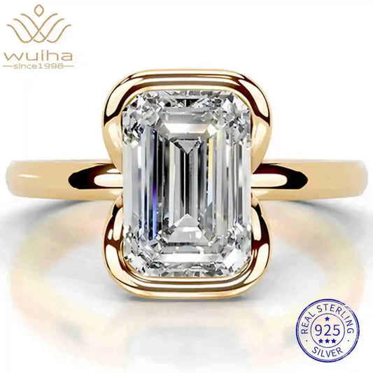 WUIHA 925 Sterling Silver 2 CT 6 * 8 MM Emerald Cut D Color GRA Real Moissanite Gemstone Wedding Engagement Ring Fine Jewelry