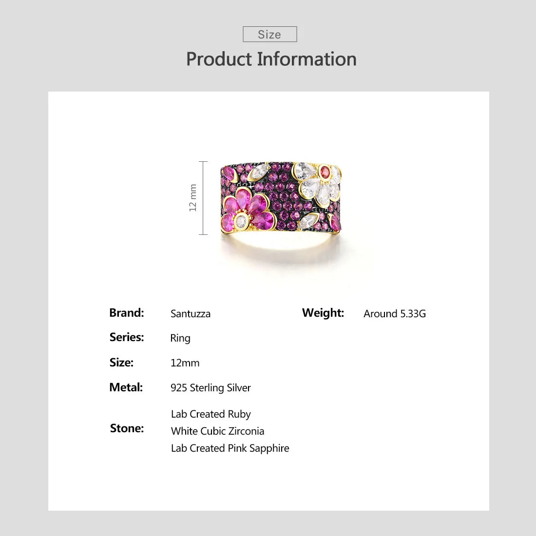 SANTUZZA Genuine 925 Sterling Silver Ring For Women Sparkling Black /Pink/Blue Spinel Colorful Flower Elegant Party Fine Jewelry
