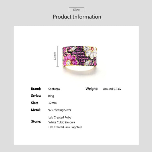SANTUZZA Genuine 925 Sterling Silver Ring For Women Sparkling Black /Pink/Blue Spinel Colorful Flower Elegant Party Fine Jewelry