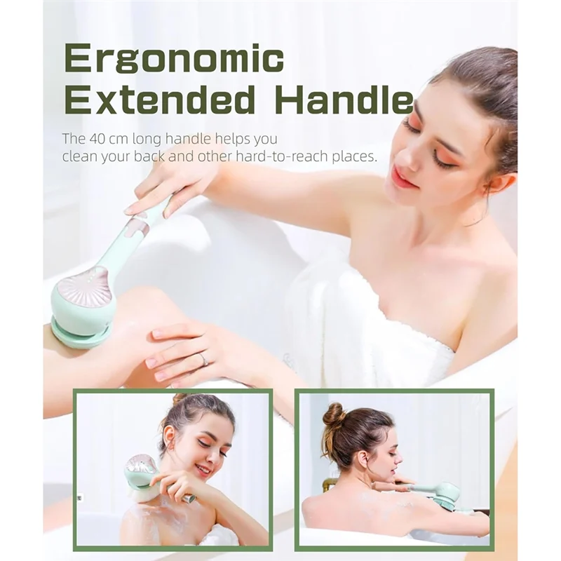 CKRE-Electric Body Brush Automatic Bath Brush USB Rechargeable Rotating Brush Waterproof Extended Handle Forall Skin Types Green