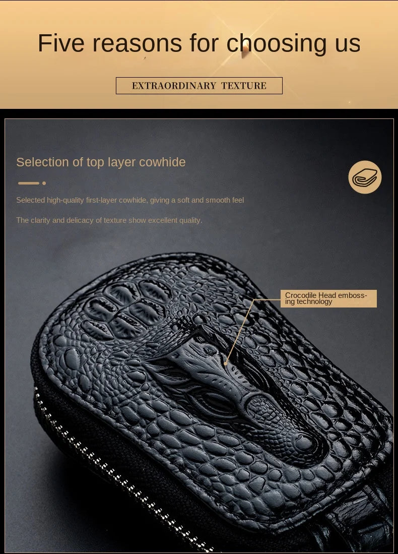 Cowhide Car Key Wallet Case Genuine Leather Crocodile Pattern Zipper Cover Mini Waist Trailer Key Bag Unisex with Metal Buckle