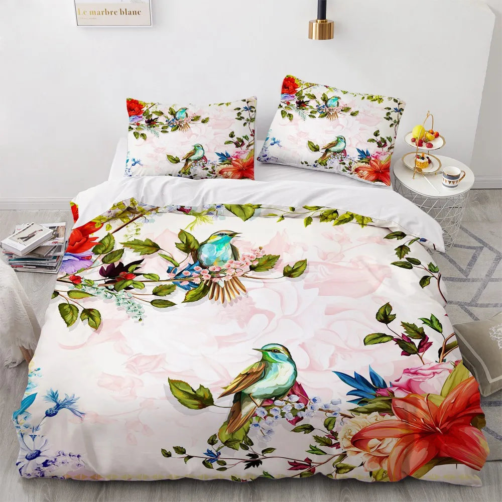 Flower Bird King Queen Duvet Cover Colorful Tropical Floral Bedding Set For Women Watercolor Plant 2/3pcs Polyester Quilt Cover