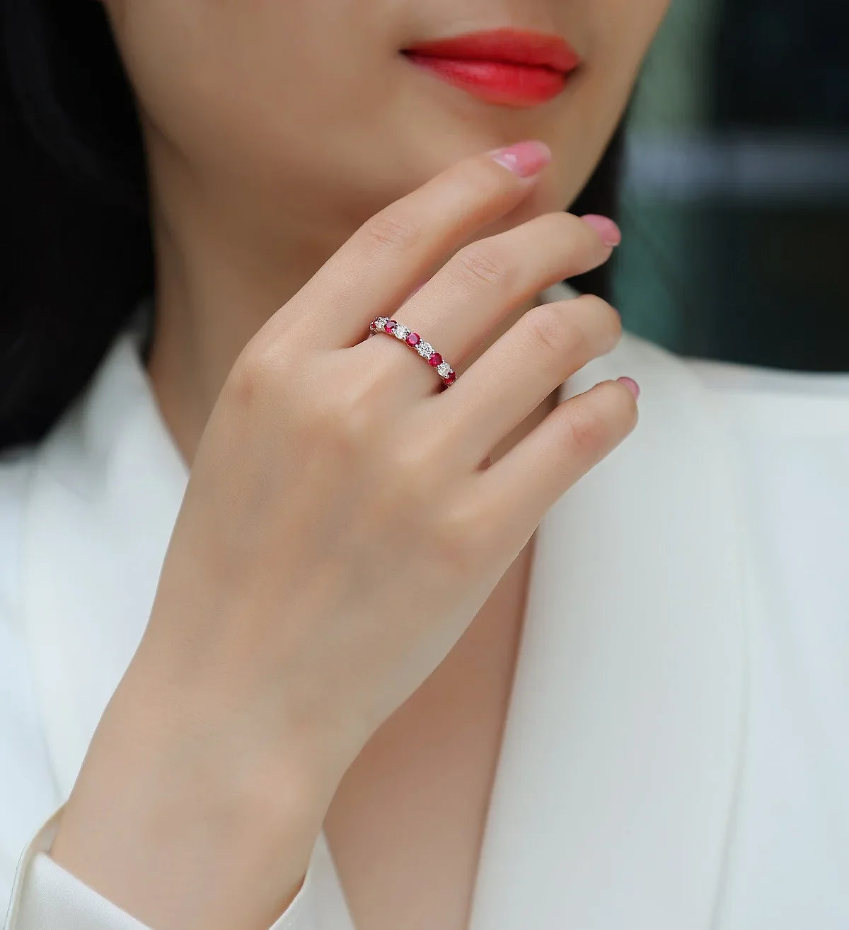 LinkerLove Lab Created Gemstone Sapphire/Emerald/Ruby Wedding Band S925 Sterling Silver Moissanite Diamond Ring Party Jewelry