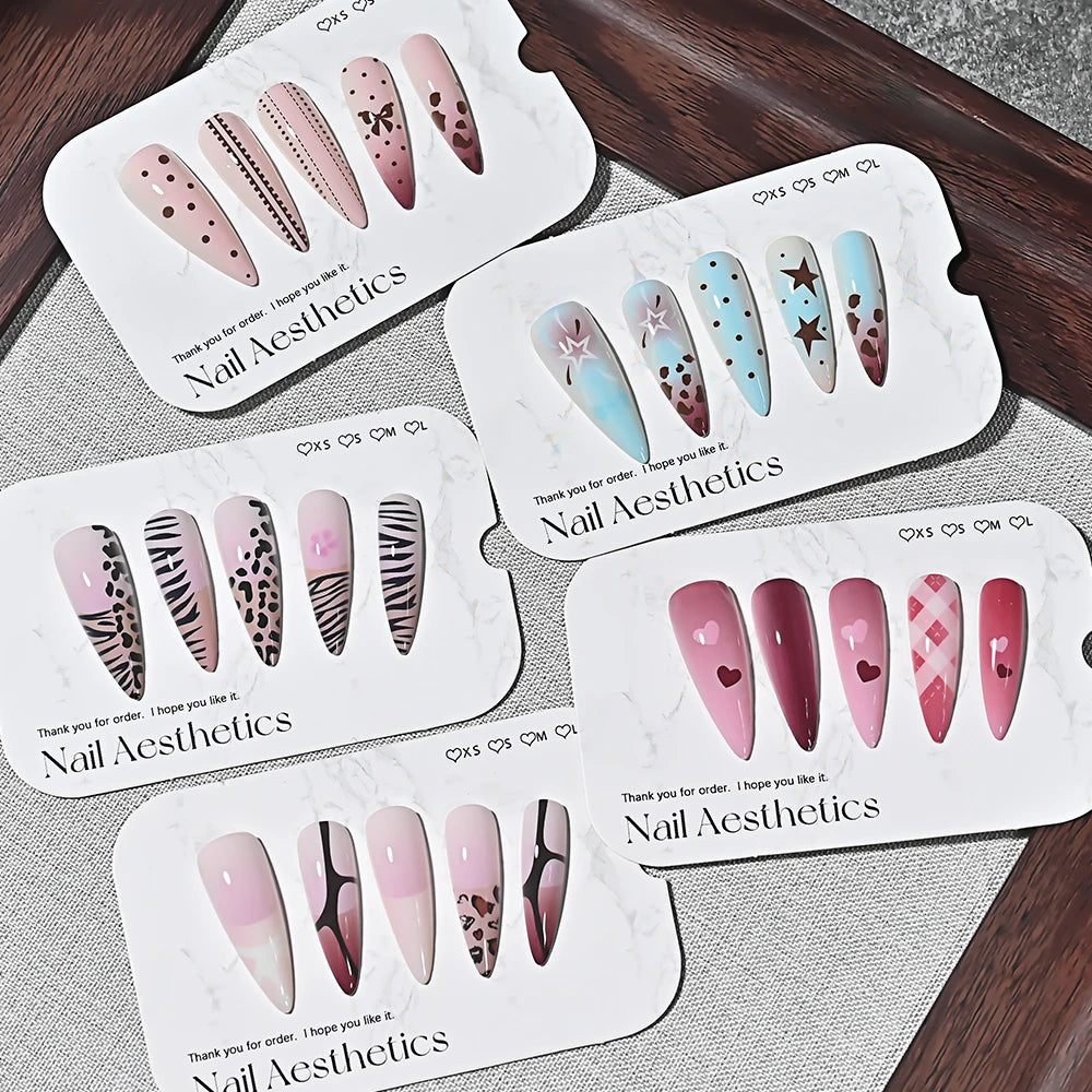 120Pcs Y2k Star Leopard Print Long Stilettos False Nails 5-Styles Pink/Blue Glossy Acrylic Press on nails Full Cover Fake Nails_