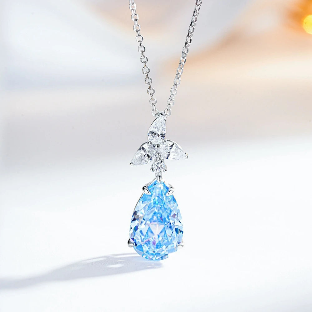 Wong Rain 925 Sterling Silver Pear Cut Lab Sapphire Citrine Aquamarine High Carbon Diamond Gems Pendant Necklace Fine Jewelry