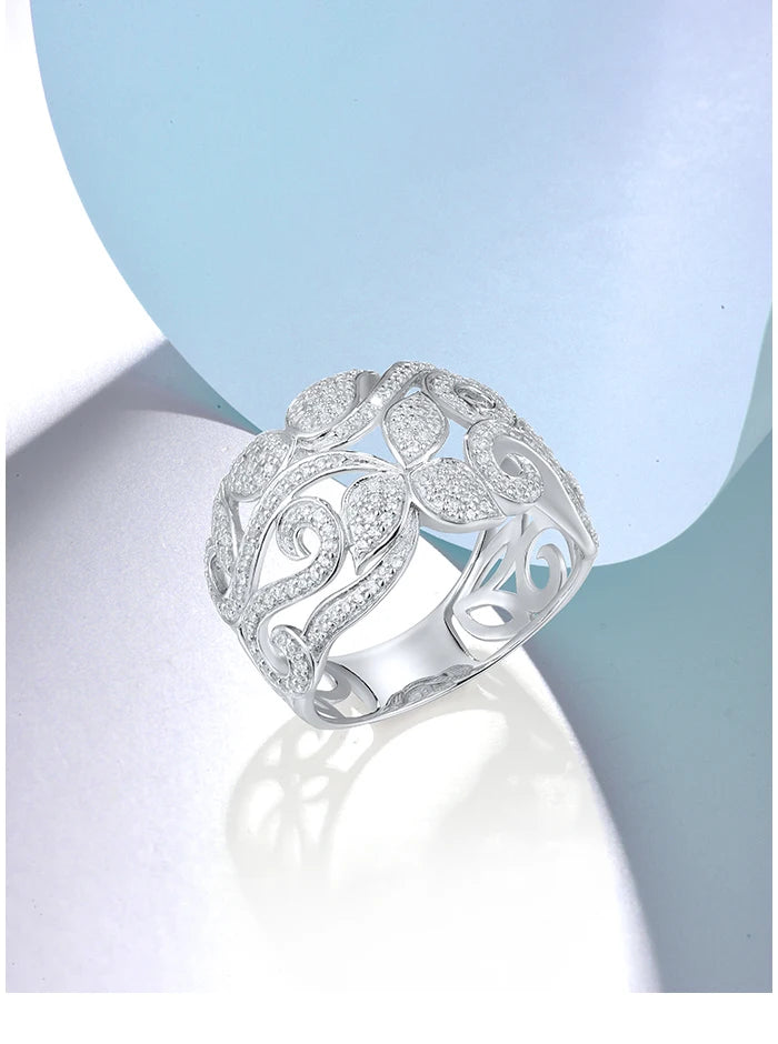 SANTUZZA Pure 925 Sterling Silver Flower Rings For Women Sparkling White Cubic Zirconia Attractive Party Elegant Fine Jewelry