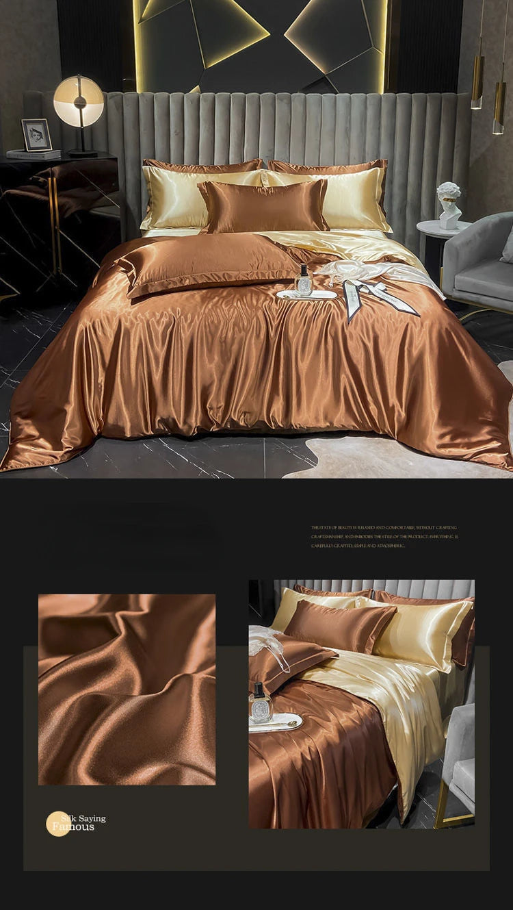 Real 100% Mulberry Silk Bedding Set with Duvet Cover Fitted/Flat Bed Sheet Pillowcase Solid Color 4pcs King Queen Twin Bed Sets