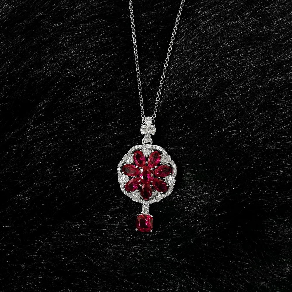 Wong Rain Solid 925 Sterling Silver 6*6MM Ruby White Sapphire Gemstone Flowers Pendant Necklace for Women Fine Jewelry Wholesale