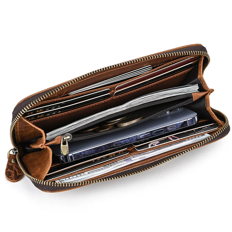 Men's crazy horse Leather long wallet Zip around genuine leather wallet Phone case purse with coin pocket 4 interlayer pocket