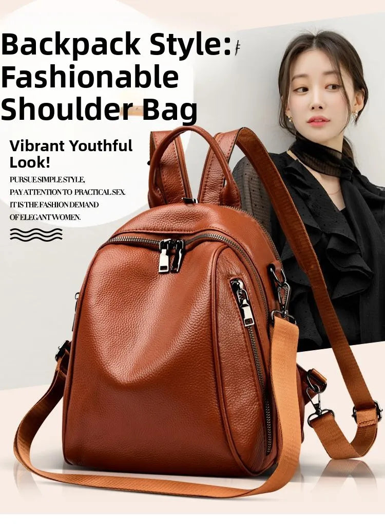 2026 New Fashionable Pure Color Leather Backpack Women's Cross-Border Travel Bag Durable Soft Cowhide Shoulder Bag for All Ages