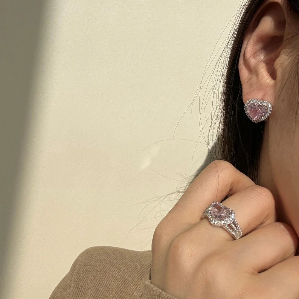 Wong Rain 925 Sterling Silver Heart Cut 8*10MM Lab Sapphire High Carbon Diamond Gems Pendant/Necklace/Earrings/Rings Jewelry Set