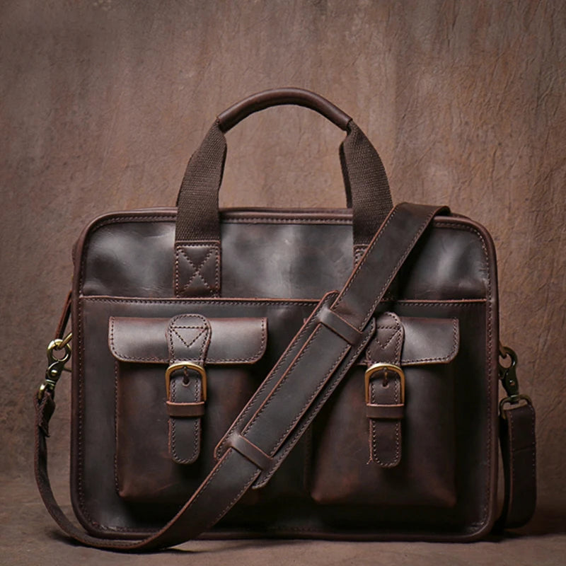 GURO Vintage Wild Handbag Male Genuine Leather Business Briefcase Original Cowhide Shoulder Messenger Bag A4 File 14″ Laptop Bag