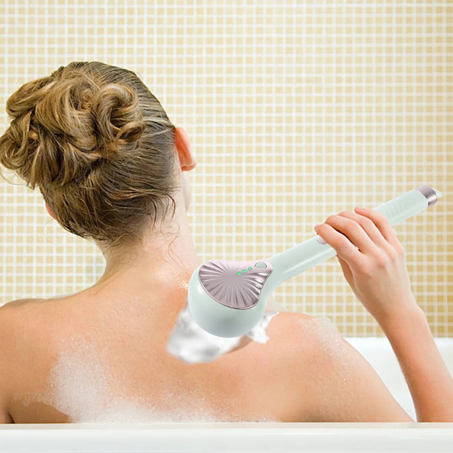 6-in-1 Cream Aid for Back Electric Body Brush USB Rechargeable Shower Brush with Long Handle with 6 Cleaning Heads