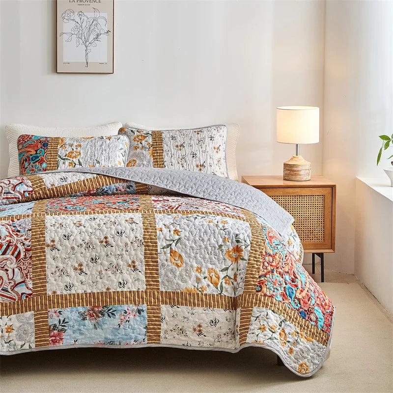 New Quilted Bedspread Set,Soft Microfiber,Thick Bed Cover+Pillowcase,European Flower Patchwork Mattress Topper Bed Sheets King