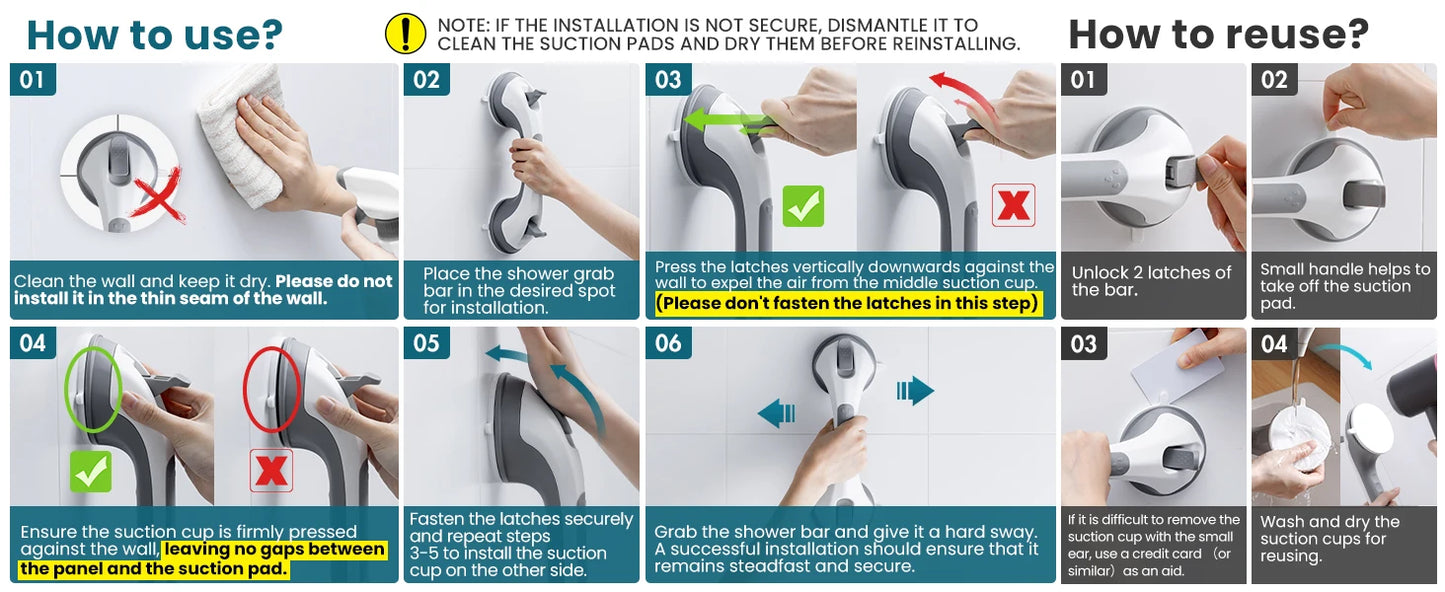 TAILI 1/2pcs Shower Grab Bars for Seniors Suction Cup 12 inch Grab Bars for Shower and Bathroom, Safety Handle for Children