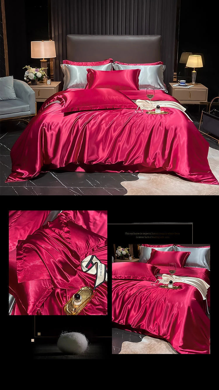 Real 100% Mulberry Silk Bedding Set with Duvet Cover Fitted/Flat Bed Sheet Pillowcase Solid Color 4pcs King Queen Twin Bed Sets
