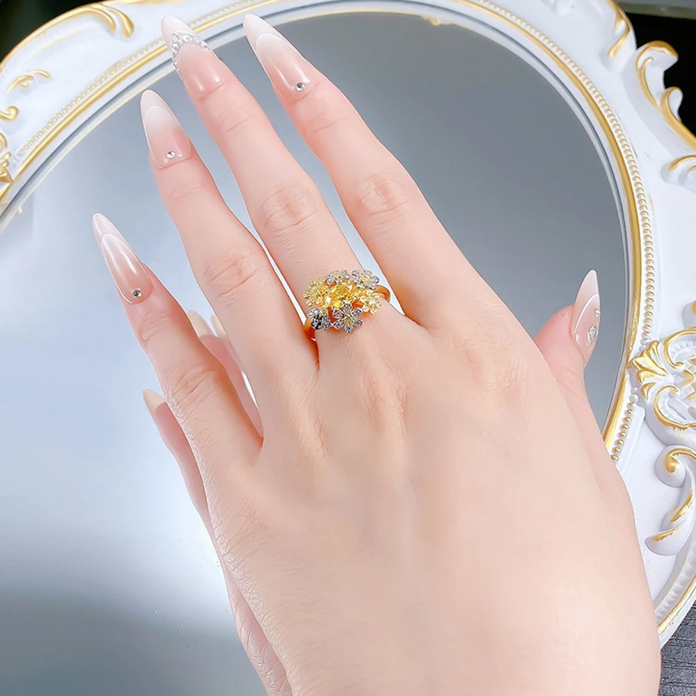 Wong Rain 925 Sterling Silver Oval Cut Citrine High Carbon Diamond Gems Flower Ring for Women Fine Jewelry Anniversary Gifts