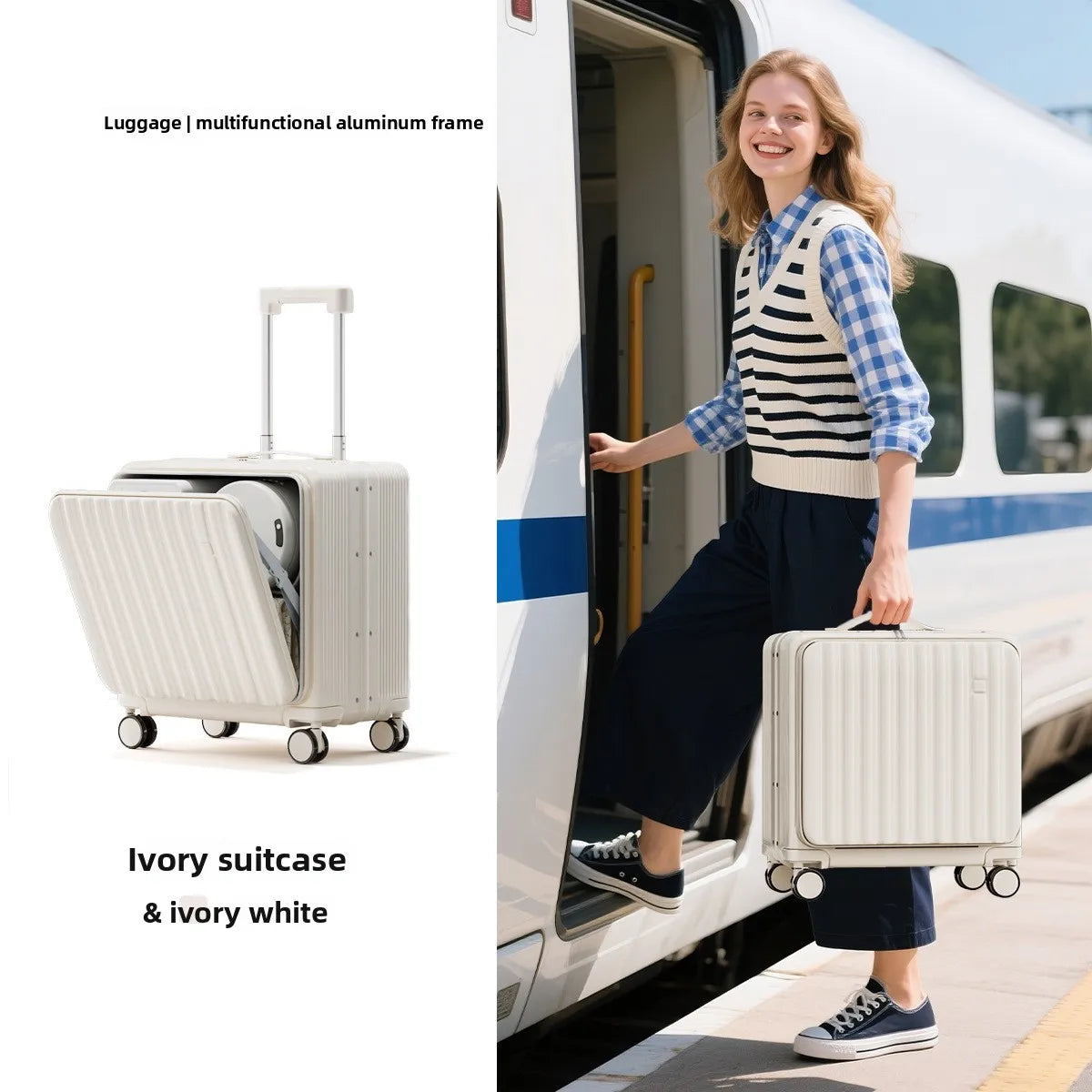 KLQDZMS 18" Luggage Travel Bag High Quality 20 Inch Boarding Box Men's Small Trolley Case Women's Front Opening Laptop Suitcase