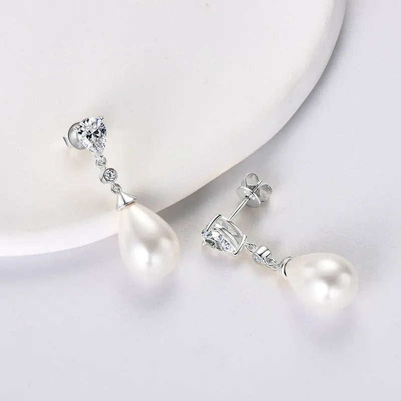 Anziw Elegant 925 Sterling Silver Earrings 13mm White Shell Pearl Drop Stud Earrings Engagement Wedding Fine Jewelry for Women