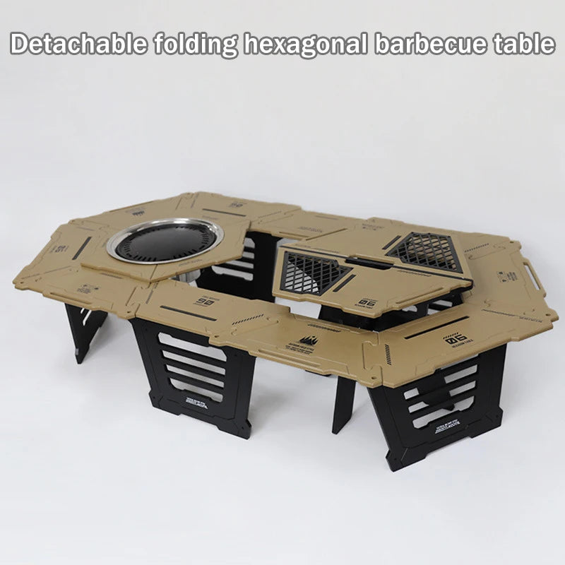 Multi-Functional Camping Table Portable 6-Sided BBQ&Tea Table, Foldable&Removable Outdoor Stove Complete Set For Outdoor Cooking