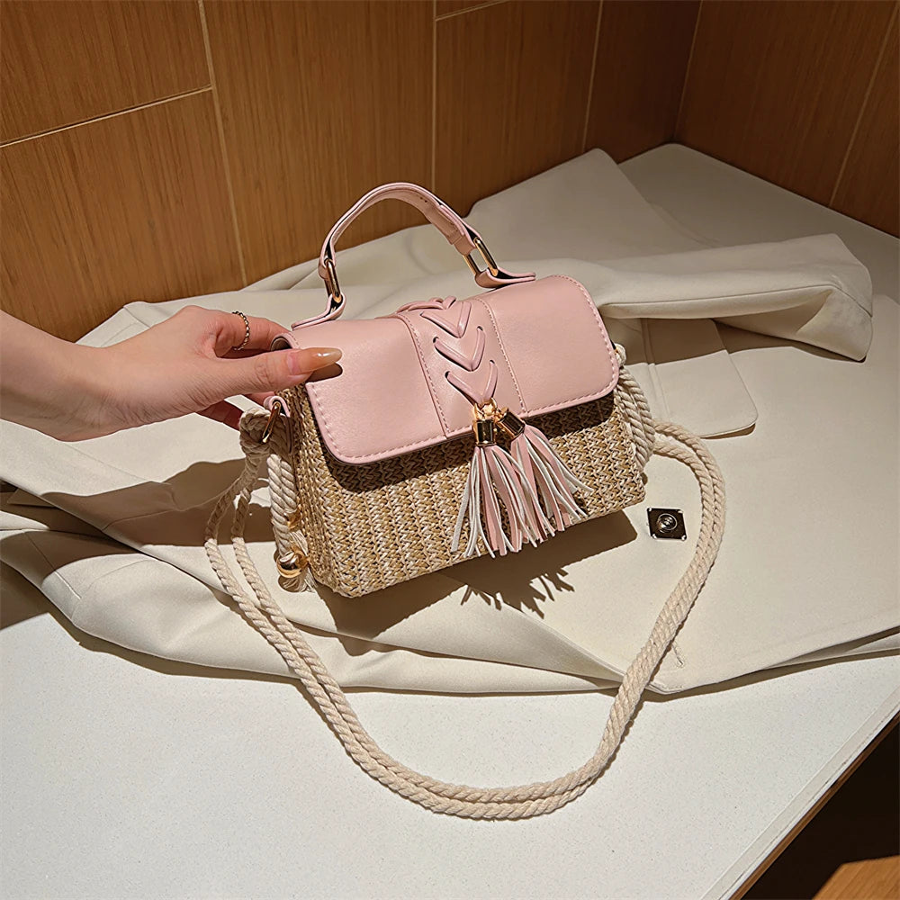 MOODS Straw Beach Bag For Women 2023 Summer New Luxury Designer Handbags Hit Color Tassels Shoulder Crossbody Box Bag Sac A Main