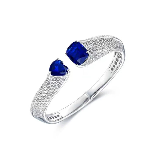 ZOCA 925 Sterling Silver High Carbon Cuff Bangle Double Sapphire Stones Lab Sapphire Blue Stone Luxury Designer Jewelry