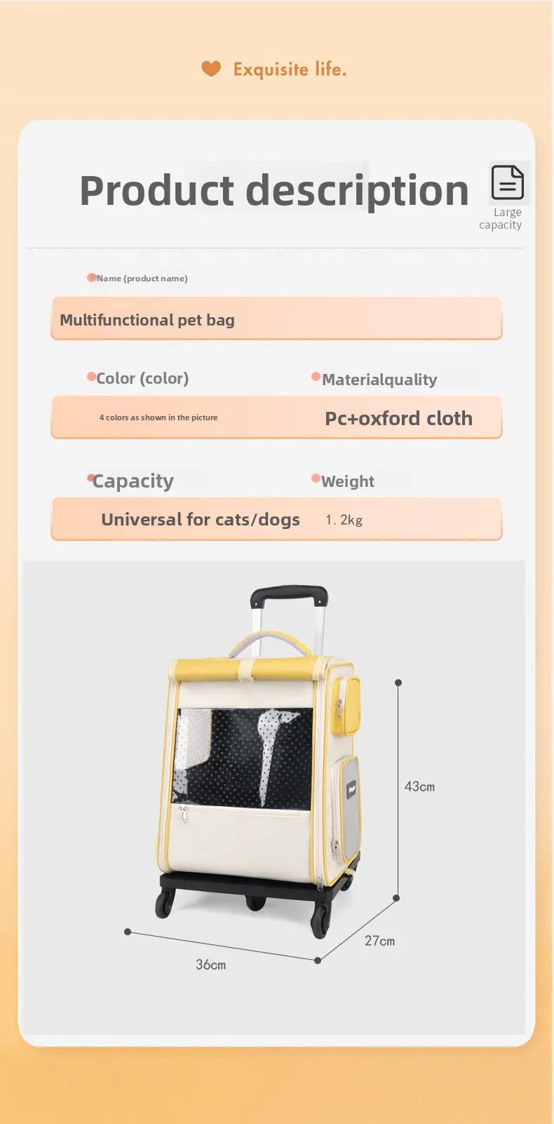 Multifunctional pull rod pet bag portable cat suitcase cat bag outing large capacity double shoulder breathable pet backpack