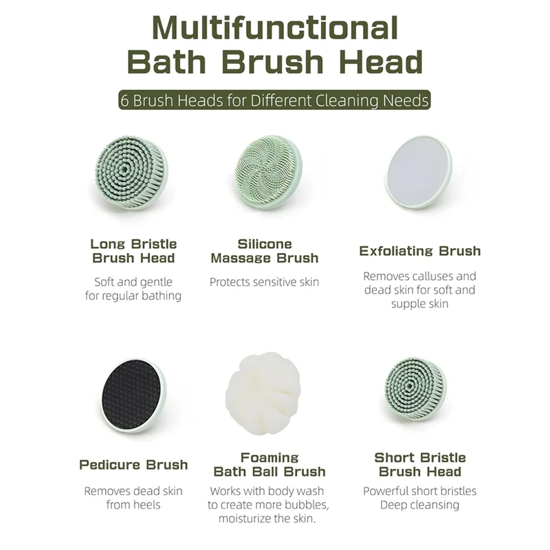 CKRE-Electric Body Brush Automatic Bath Brush USB Rechargeable Rotating Brush Waterproof Extended Handle Forall Skin Types Green
