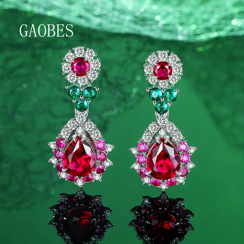 100% S925 Silver 8x10MM Water Drop Red High Carbon Diamond Drop Earrings Women's Wedding Commemorative Crystal Jewelry