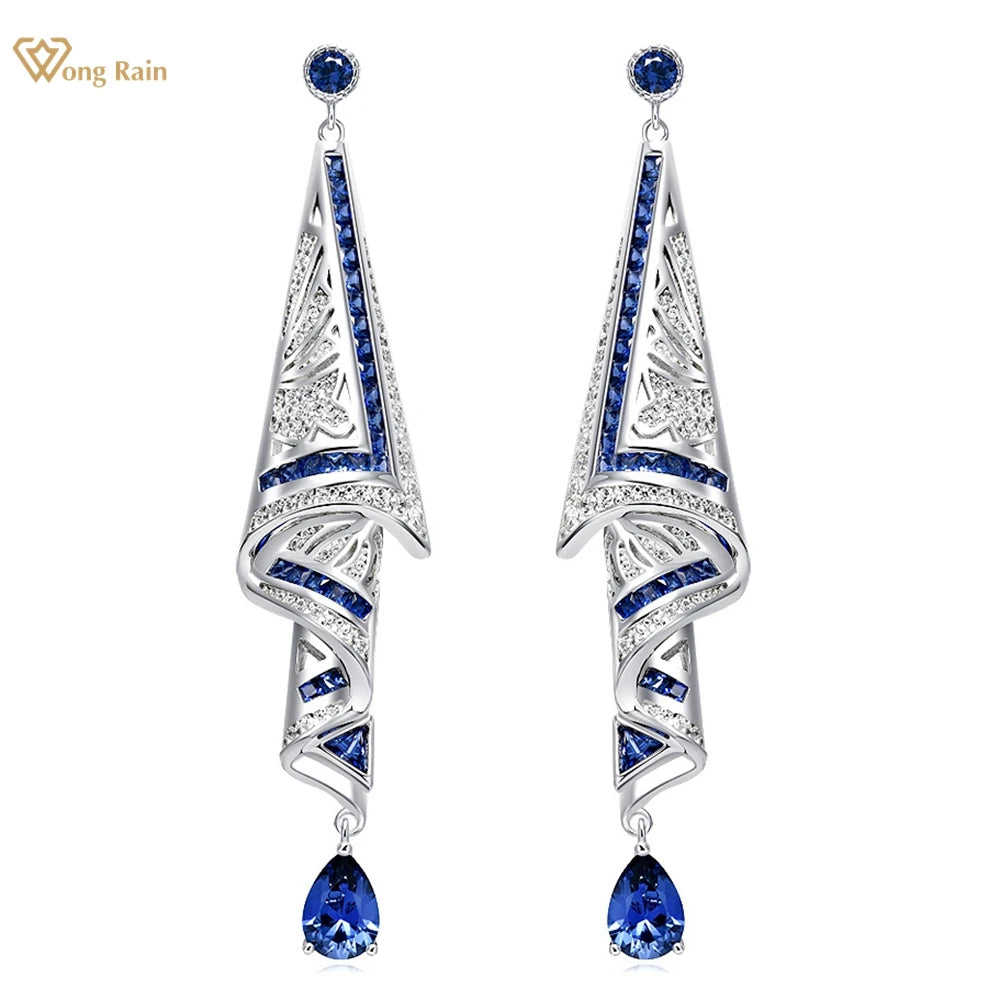 Wong Rain Vintage 100% 925 Sterling Silver Pass Test Lab Sapphire High Carbon Diamond Gemstone Drop Dangle Earrings Fine Jewelry