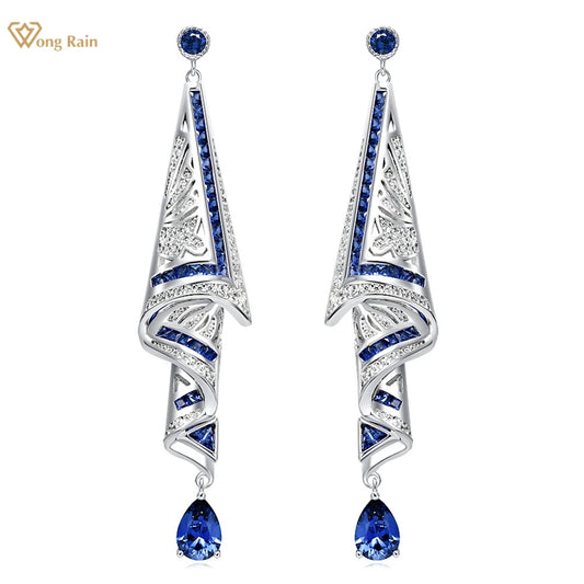Wong Rain Vintage 100% 925 Sterling Silver Pass Test Lab Sapphire High Carbon Diamond Gemstone Drop Dangle Earrings Fine Jewelry