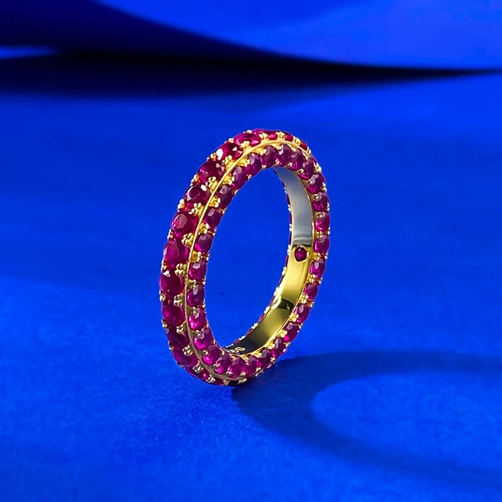 Wong Rain Vintage Solid 925 Sterling Silver Round Cut Ruby Gemstone Row Ring for Women Fine Jewelry Wedding Band Gifts Wholesale