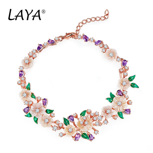 LAYA 925 Sterling Silver Fashion Natural Shell Flower Green Leaf Enamel High Quality Zircon Bracelet For Wedding Jewelry