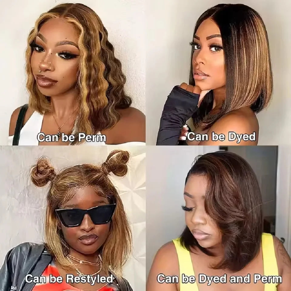 Highlight Ombre Straight Short Bob 4x4 Lace Closure Wigs 100% Human Hair Vietnamese 200 Density #4/27 Color 13x4 Lace Front Wig