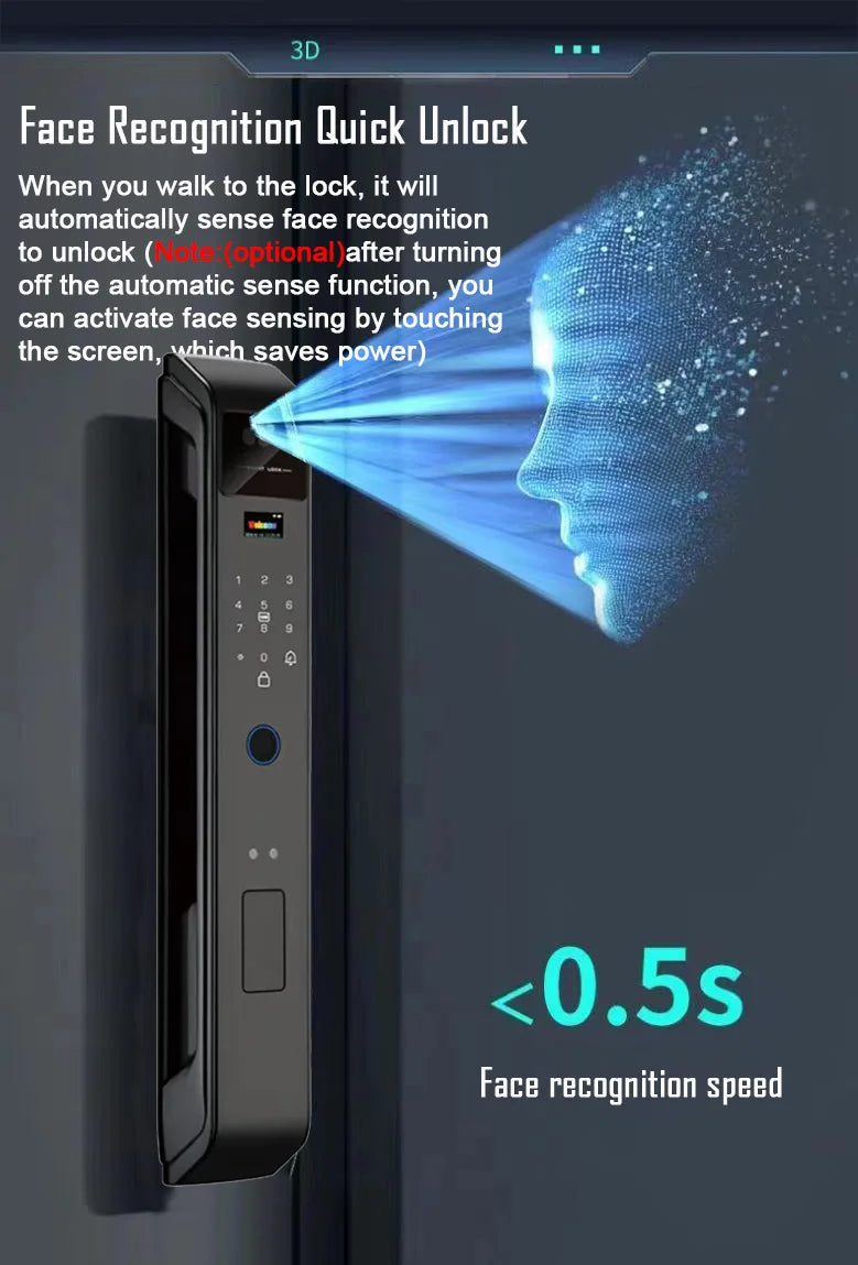Tuya APP Smart Life APP Control Voice Intercom Smart Lock 3D Face Recognition Fingerprint Password Smart  Door Lock With Camera